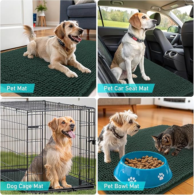 OLANLY Dog Door Mat for Muddy Paws 70x46, Absorbs Moisture and Dirt, Absorbent Non-Slip Washable Doormat, Quick Dry Chenille Mud Mat, Entry Indoor Entryway Carpet for Inside Floor, Blackish Green