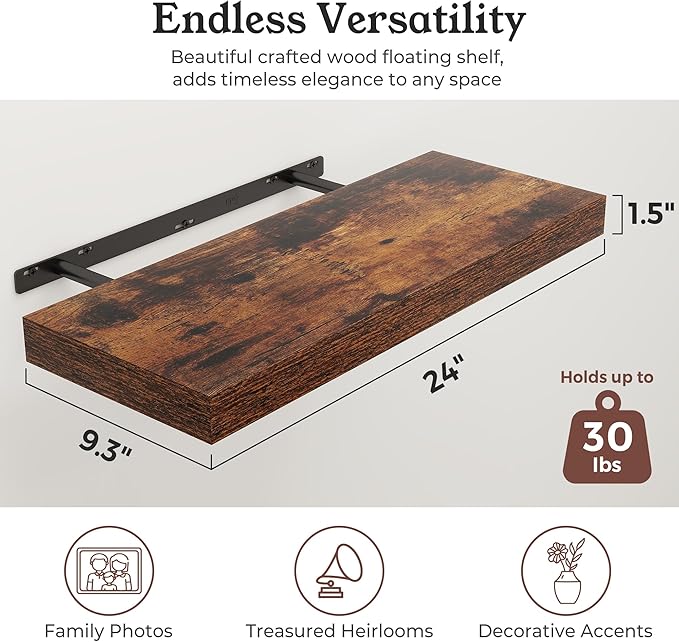 Floating Shelves for Wall, 9.3" Deep Wall Mounted Wood Shelves for Bathroom, Bedroom, Living Room, Kitchen, Hanging Shelf for Books/Storage/Room Decor (Brown, 24")
