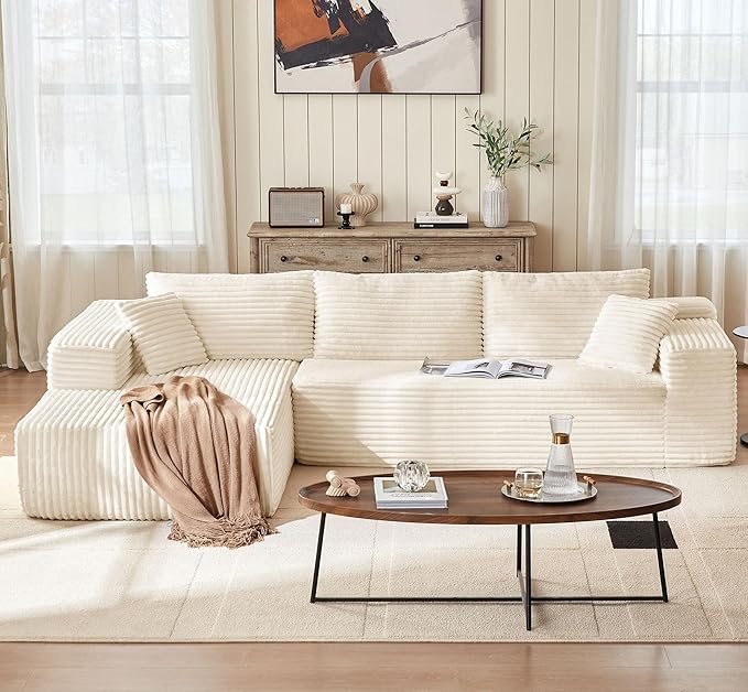 LINSY HOME Modular Sectional Sofa Boneless Cloud Couches for Living Room | Oversized Chaise, Deep Seat, Beige Cloud Couch, Plush Corduroy, L-Shape, No Assembly Required