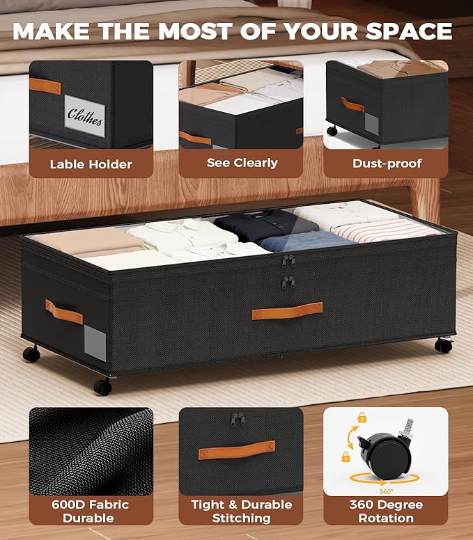 Under Bed Storage, 35.5 inches Under Bed Storage with Wheels, Large Capacity UnderBed Containers with Clear Lids, 2Pcs Rolling Under the Bed Storage for Clothes, Shoes, Blankets (Deep Black)
