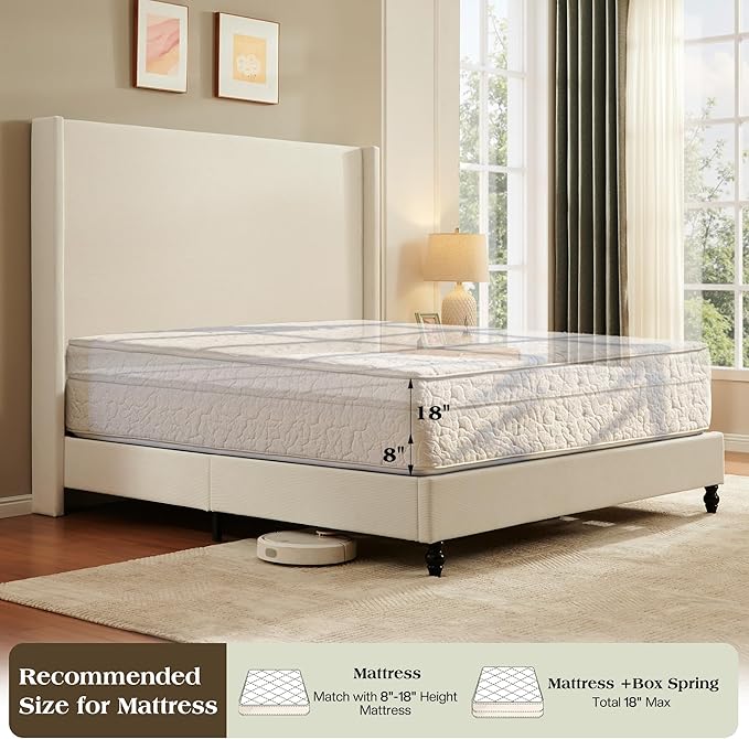 King Bed Frame with 65" Tall Headboard, Horizontal Fine Corduroy Bed Frame with Wingback, Upholstered Platform Bed, Vintage Solid Wood Gourd Legs, No Box Spring Needed, Cream