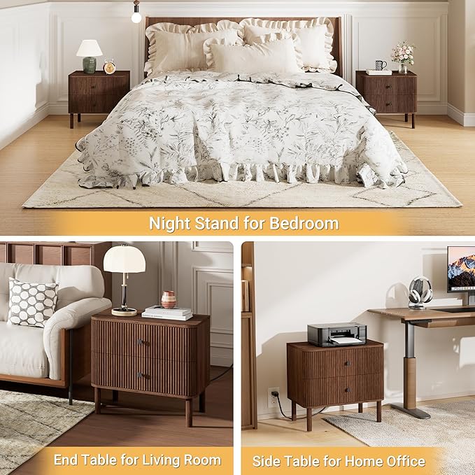 Night Stand Set of 2 with Charging Station, 24" Large Fluted Nightstand with Rounded Corners & Solid Wood Legs, 2 Drawers Mid Century Modern Bedside Table for Bedroom, Walnut