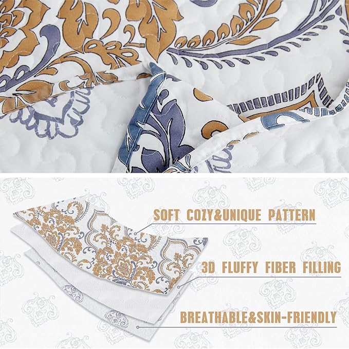 CHIXIN Oversized Queen Bedspread - Luxury Collection - European Damask Paisley Pattern - Classic & Gorgeous Bedding Cover, Lightweight, Ultra Soft, 5 Piece, 100% Microfiber, White/Khaki/Grey