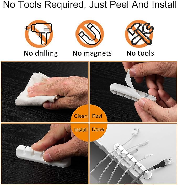 Cord Holder Cable Organizer Clips – Self Adhesive Cord Organizer for Desk, Car, Nightstands, Office, White Silicone Cord Keeper Cable Clips Wire Holders for Phone Charger Cords (7-5-3-1-1 Slots)