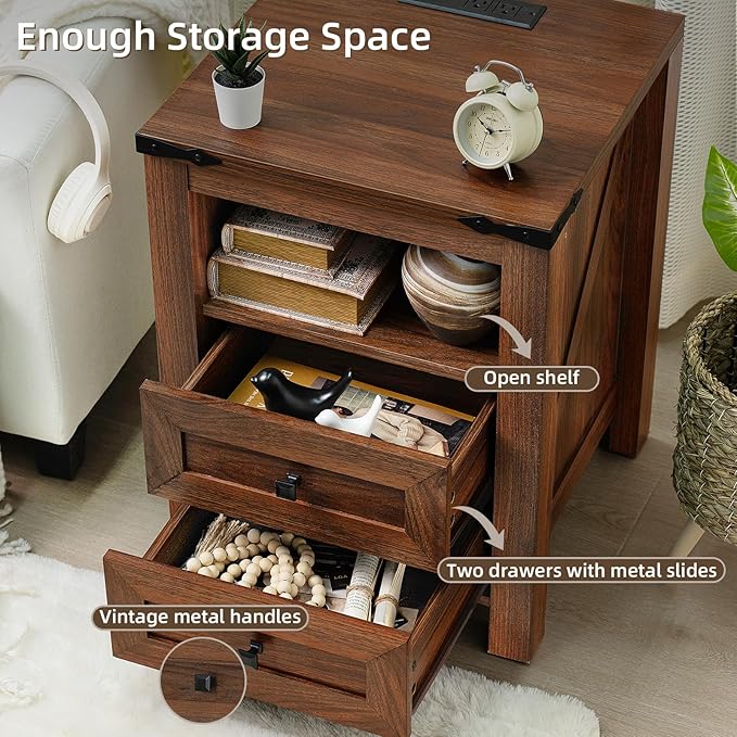 Joaxswe Nightstand with Charging Station and USB Port, Farmhouse Side End Table with 2 Drawers and Open Shelf, Wood Rustic Sofa Table, Bedside Cabinet for Bedroom, Living Room, Closet, Office(Brown)