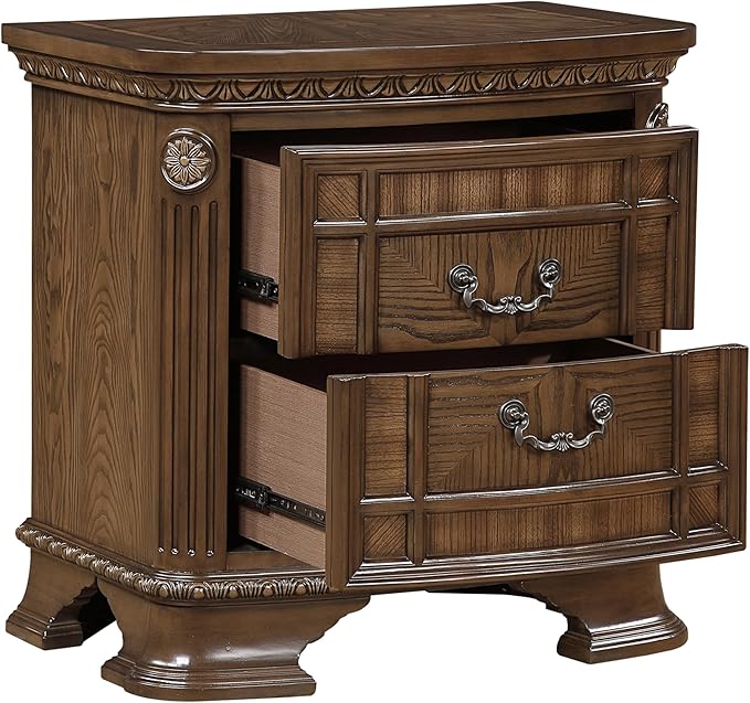 HKHUASEN Traditional Nightstand with 2 Drawers, Dark Brown Finish, Elegant Design for Bedroom Storage and Formal Bedside Cabinet