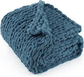 Chunky Knit Throw Blanket 50"X 60", 100% Handmade with Soft Chenille Yarn, 4.4lbs Thick Cable Knitted Blankets, Large Rope Knot Crochet Throws for Couch Sofa Bed Home Decor, Mineral Blue