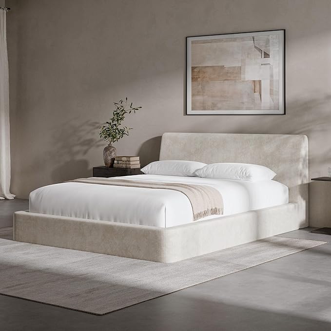 RECCI Cloud Queen Bed Frame with Ergonomic Angled Foam Cushioned Headboard, Minimalist Design Platform Bed Frame, No Box Spring Needed, Easy Assembly (Beige)