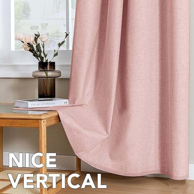 H.VERSAILTEX Linen Curtains 100% Blackout Curtains for Bedroom 84 inch Long Full Light Blocking Nature Linen Blended Window Curtains for Living Room Nickel Grommet (2 Panels, Heathered Baby Pink)