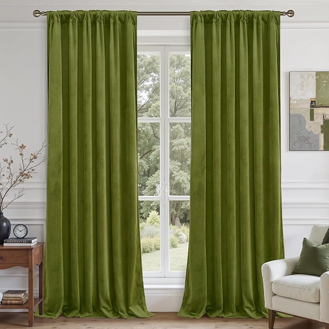 LAMIT Velvet Curtains 90 Inch Length for Living Room, Vintage Thermal Insulated Room Darkening Drapes Super Soft Back Tab and Rod Pocket Window Panels for Bedroom, 2 Panels, Moss Green, 52 x 90 Inch