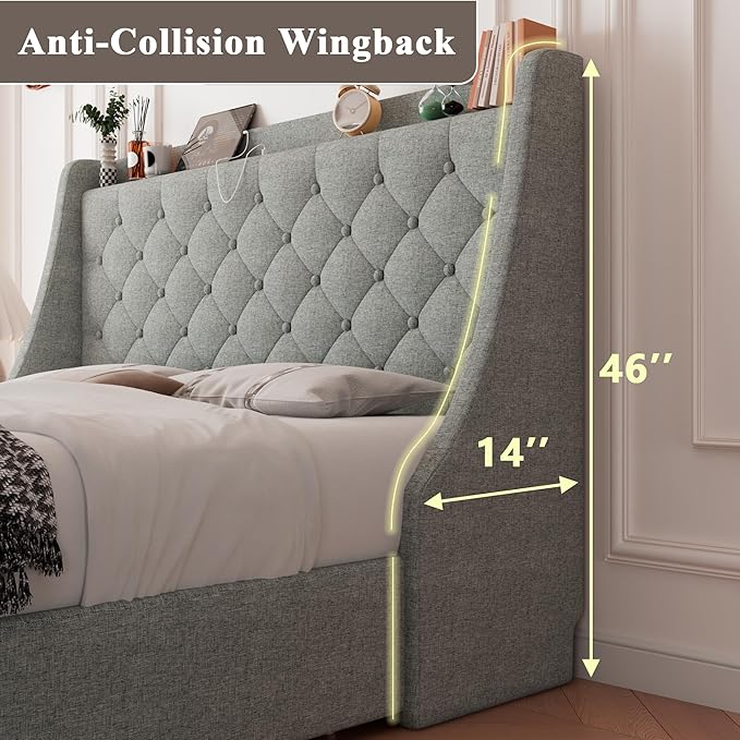 Feonase Upholstered Full Size Bed Frame with 4 Storage Drawers, Charging Station and Tufted Wingback Storage Headboard, No Box Spring Needed, Easy Assembly, Light Grey