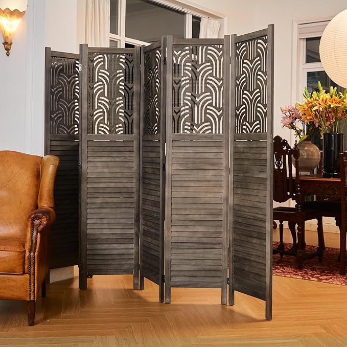 Svimi Folding Room Divider, 66.9 Inch 6 Panels Wood Carved Privacy Screens, Free Assembled Freestanding Portable Separation Wall for Home Office Restaurant Bedroom (Gray)