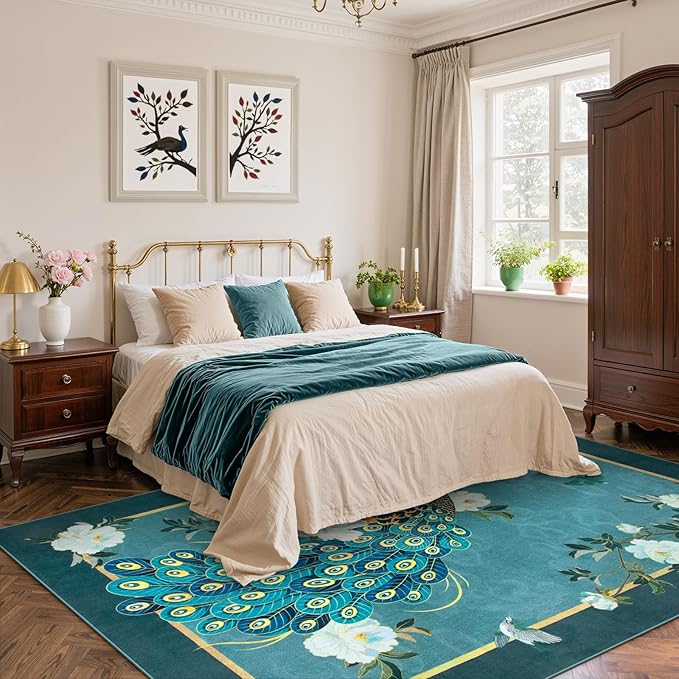 Lahome Peacock Area Rugs 8x10, Soft Washable 8x10 Rugs for Living Room, Floral Non Slip Vintage Ultra-Thin Stain Resistance Large Blue Carpet for Bedroom Office Farmhouse Dining Room, Blue