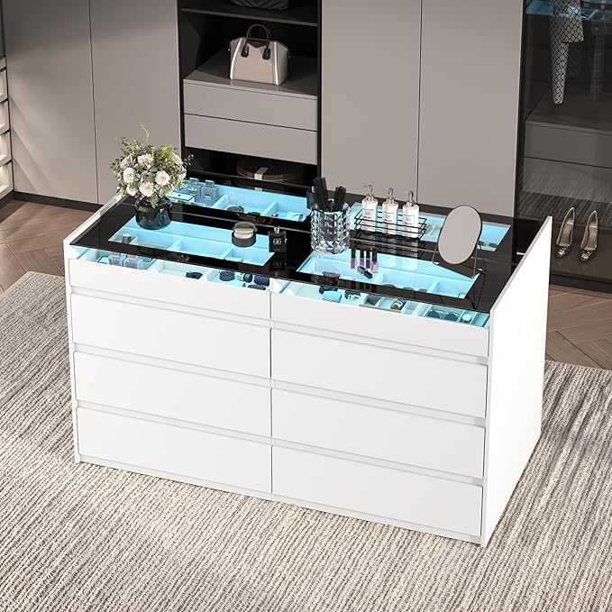 White 8 Drawer Dresser for Bedroom, Modern Chest of Drawers, Jewelry Dresser Display with Glass Top and LED Light, Dressers Organizer for Bedroom, Closet, Living Room