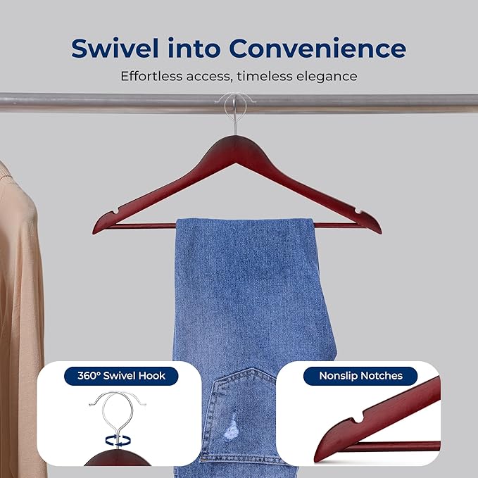 SereneLife 10-Pack Wooden Coat Hangers – Durable Suit Hangers with 360° Swivel Hook & Notches – Slim Design for Sweater, Shirts, Jackets, Dresses, and More