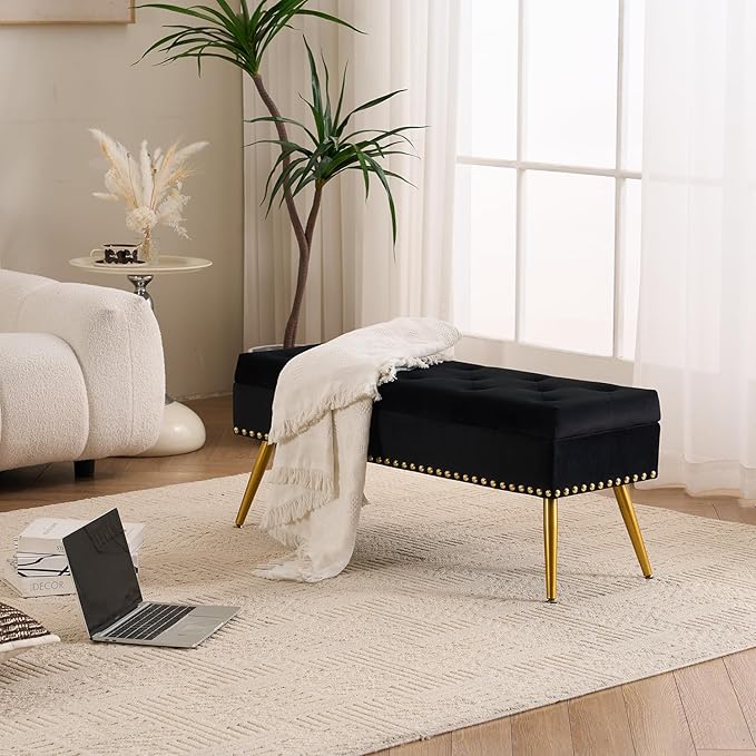 Velvet Storage Bench with Gold Legs& Nailhead Trim, 40" Wide Upholstered Modern Bedroom Bench for End of Bed, Tufted Ottoman for Entryway Living Room Dining Room (Black, 40" Wide)