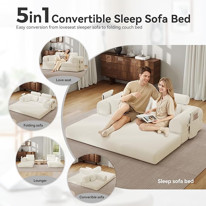 Upgrade High Backrest Design Sofa Bed with Fixed-Shape Frame & Removable Armrests and Backrest, 2 Corduroy Pillow, Convertible Mattress Couch for Small Spaces - No Assembly (High Backrest Beige)