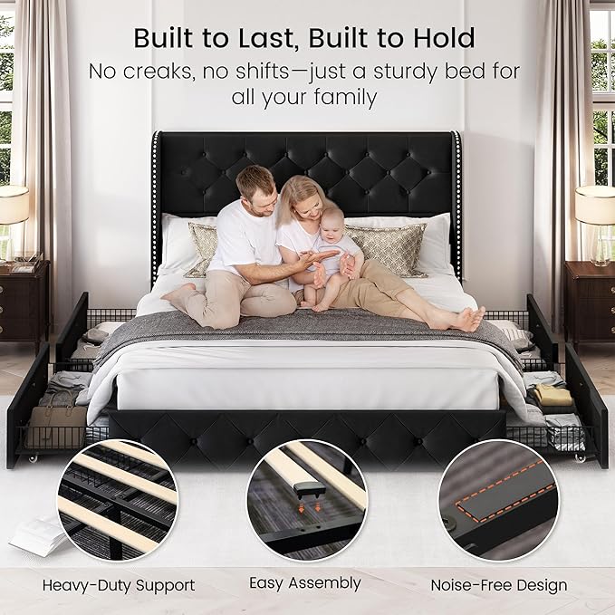 LARMACE Queen Size Bed Frame with 4 Storage Drawers and Wingback Headboard Upholstered Platform Beds Velvet Tufted Bed Frame with Wooden Slats Support, Easy Assembly, Black