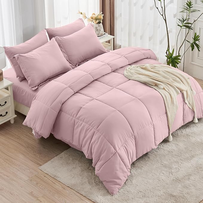 JOLLYVOGUE King Comforter Set, Ultra-Soft Bed in a Bag King Size 7 Pieces, Oeko-TEX Certified Bedding Set with Down Alternative Comforter, Sheets, Pillowcases & Shams, Camio Pink