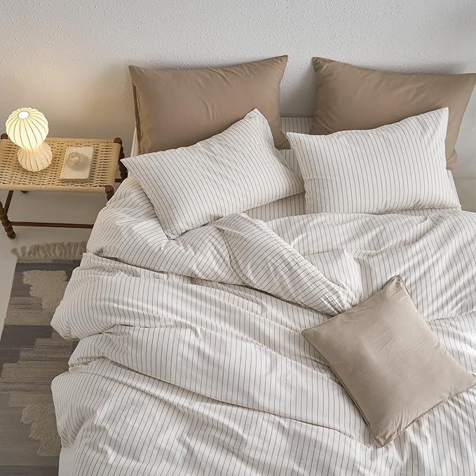 MooMee Striped Duvet Cover Set 100% Washed Cotton Linen Like Textured Breathable Durable Soft Comfy (White Tannish Linen Grey Wide Stripes, Cal King 104"x98")