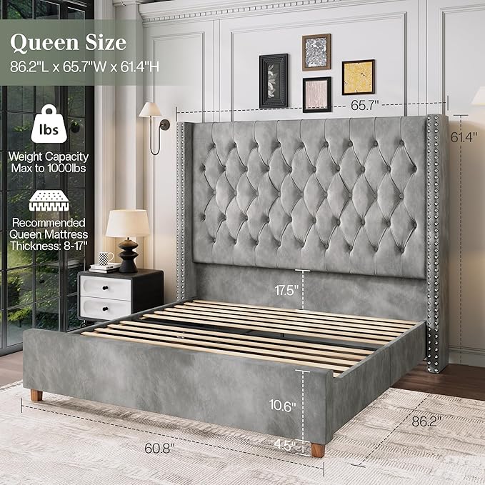 Jocisland Queen Size Bed Frame with 61.4" Tall Headboard, Velvet Upholstered Wingback Platform Design, Handcrafted Pleats& Deep Button Tufted, Solid Wood Legs, No Box Spring Needed, Gray