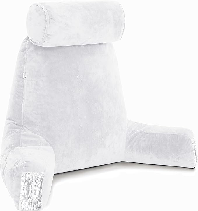 Husband Pillow Medium White, Backrest for Kids, Teens, Petite Adults - Reading Pillows with Arms, Adjustable Loft, Plush Memory Foam, Bed Rest Chair for Sitting Up, Detach Neck Roll, Removable Cover