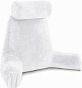 Husband Pillow Medium White, Backrest for Kids, Teens, Petite Adults - Reading Pillows with Arms, Adjustable Loft, Plush Memory Foam, Bed Rest Chair for Sitting Up, Detach Neck Roll, Removable Cover