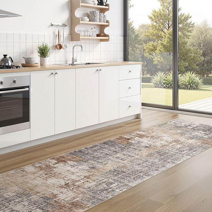 Washable Runner Rug for Hallway: 2.6x14 Neutral Modern Abstract Low Pile Area Rug with Non-Slip Backing - Carpet for Bedroom Kitchen Laundry Entryway Bathroom Indoor - Grey Brown
