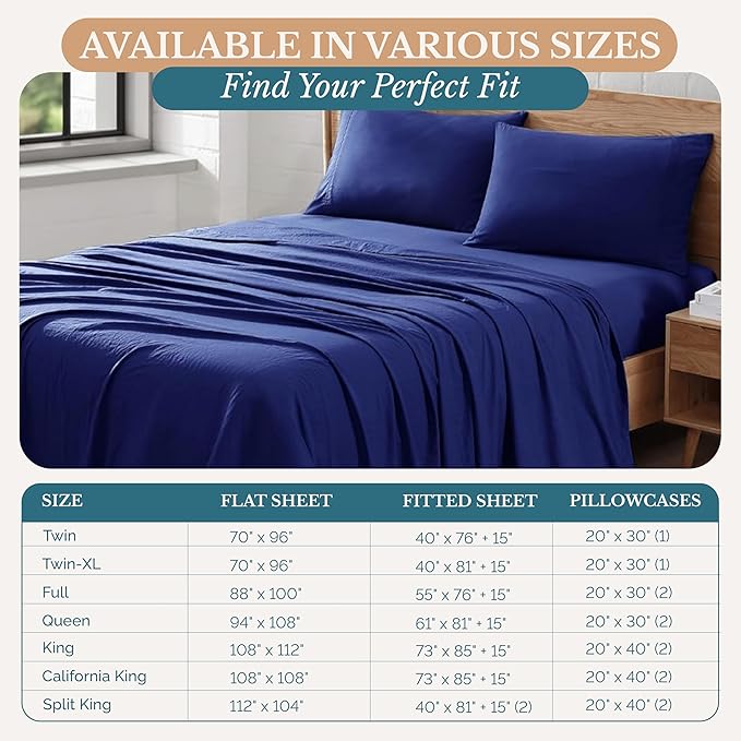 Casa Platino King Size Sheet Set – 4 Piece Bedding Set, Pre-Washed Ultra Soft Brushed Microfiber, Cozy Fit, Deep Pocket 15” Sheet, Fade Resistant, Lightweight, Breathable Fabric - Navy Blue
