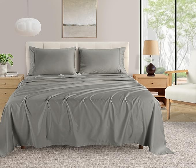 100% Egyptin Cotton Sheets Queen Size Bed Set, 400 Thread Count 15" Deep Pocket Queen Sheets, Sateen Weave 4 Piece Naturally Cool Soft Breathable Elasticated Luxury Bedding For All Seasons- Silver