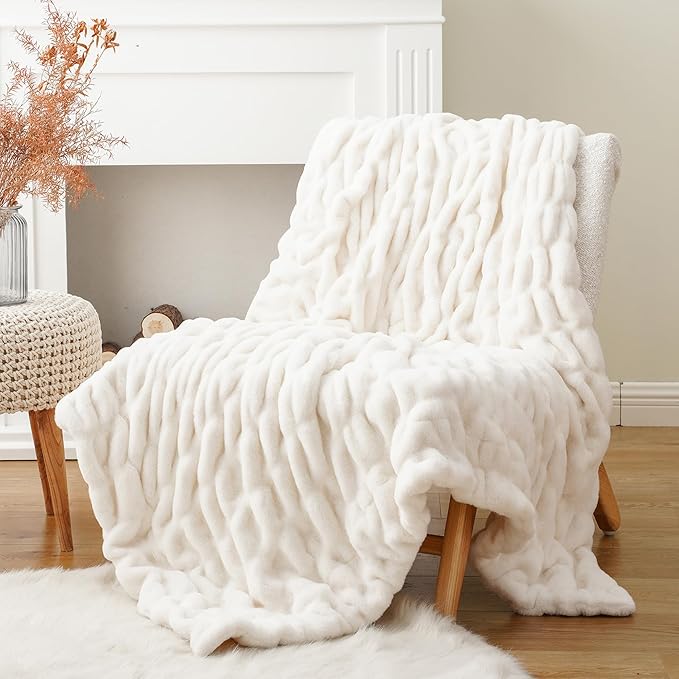 BATTILO HOME Cream Faux Fur Throw Blanket, Double Side Ruched Rabbit Fur Blanket for Couch, Bed, Super Soft Cozy Fuzzy Mink Blanket, 50"x60"(Ivory)