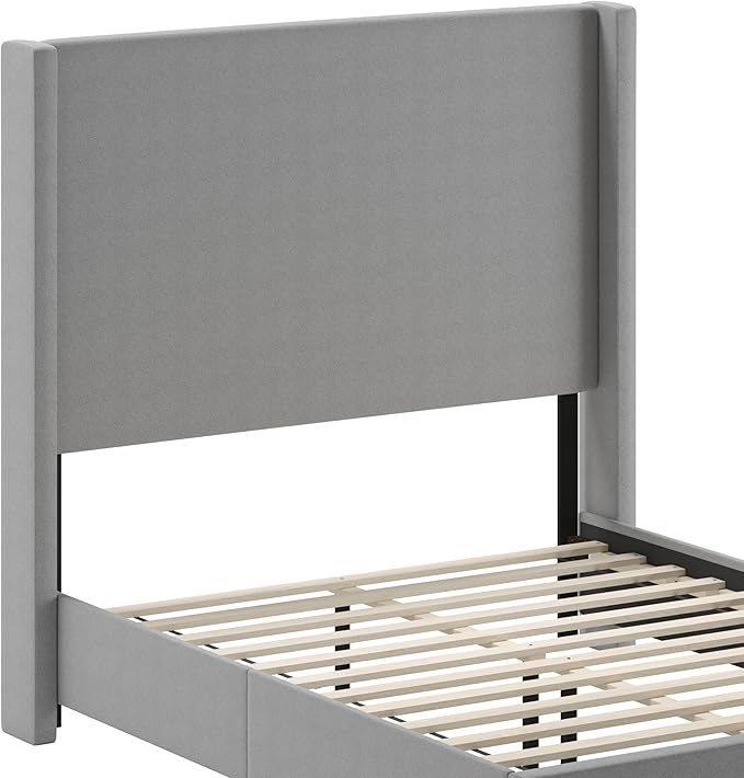 EMMA + OLIVER Nora Full Size Faux Linen Upholstered Platform Bed with Plush Padded Wingback Headboard (No Box Spring Needed), Modern Upholstered Headboard Full Bed Frame, Gray