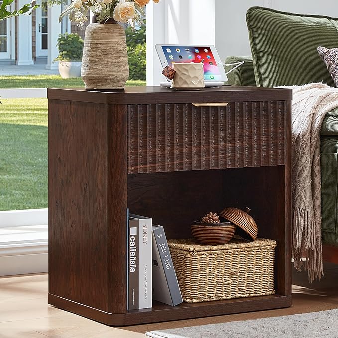 LEYAOYAO 23" Wide Fluted Night Stand with Charging Station, 1 Drawers Large End Table with Storage, Walnut Nightstand Wood Bedside Tables, Farmhouse Cabinet Dresser for Bedroom, Closet