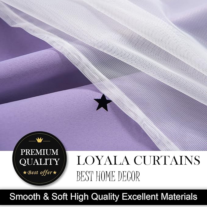 Star Double Layer Blackout Curtains for Bedroom, Kids - Cute, 72 Inch Long, 2 Panels Set, Purple, 42 x 72 Inches
