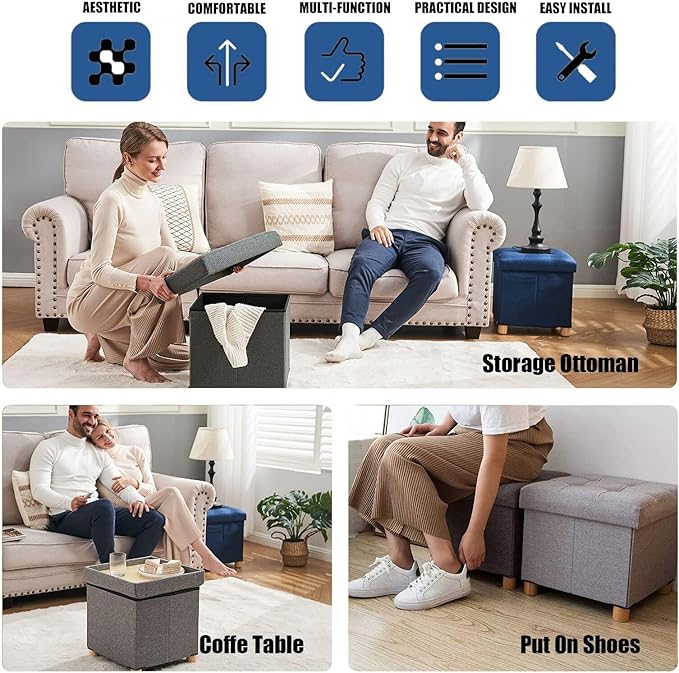 BRIAN & DANY 15 Inches Ottoman with Storage, Square Small Storage Ottoman Foot Rest with Legs, Ottomans Foot Stool for Dorm, Living Room, Entryway (Gray)