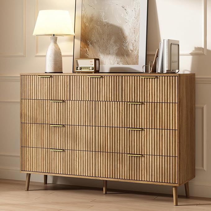 CARPETNAL Fluted 9 Drawer Dresser for Bedroom, 55" Wide Wooden Chest of Drawers with Rounded Corners, Gold Handles, Modern Storage Organizer for Bedroom, Hallway(Walnut)
