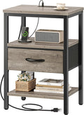 SUPERJARE Nightstand with Charging Station, Bed Side Table with Adjustable Fabric Drawer, Night Stand for Bedroom, 3-Tier Storage End Table, for Living Room, Oak