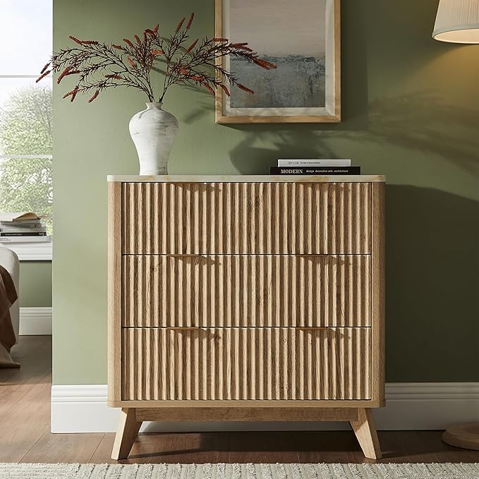 T4TREAM Fluted 3 Drawers Nightstand, Oversized Extra Large Modern Side Table with Faux Marble Top, End Table Bedside for Bedroom, Living Room, Curved Profile Design, Natural Oak | Fluted, Modern, 3 Drawers, with Storage, for Bedroom, for Living Room