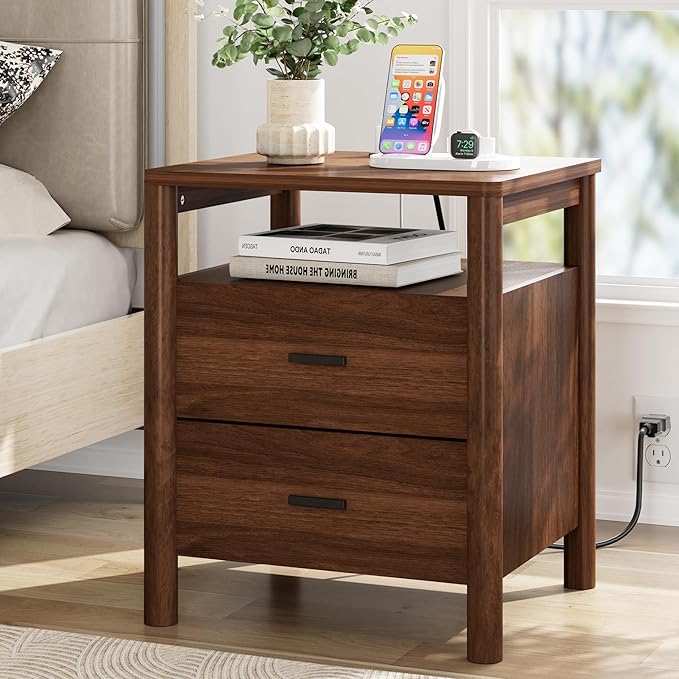 FavourLife Night Stand, 20" Wide Nightstand, Modern Nightstand with Charging Station, 2 Drawer Wooden End Table with Solid Round Post Legs & Open Shelf, Bedside Table w/Storage for Bedroom, Walnut