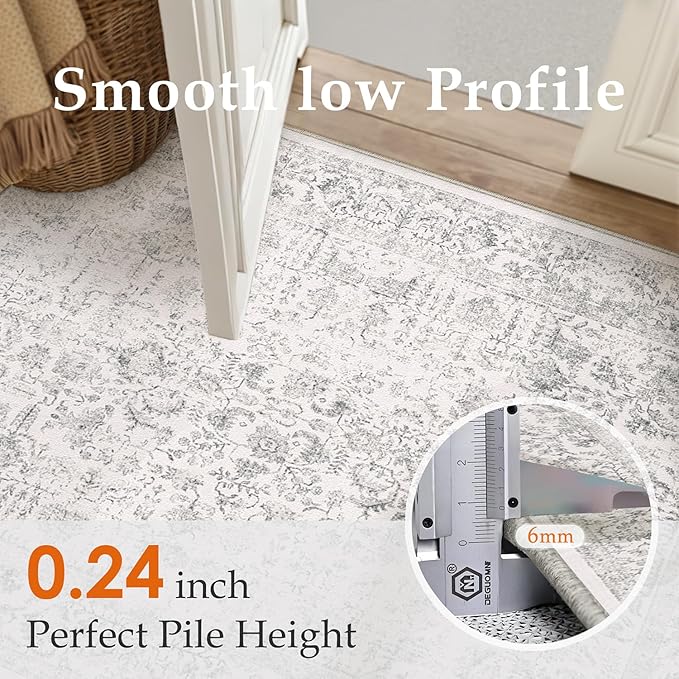Gray Area Rug 7x9 Machine Washable Vintage Living Room Distressed Non Slip Carpet Traditional Indoor Bedroom Grey Retro Floral Accent Throw Large Rug for Office Kitchen Dining Room