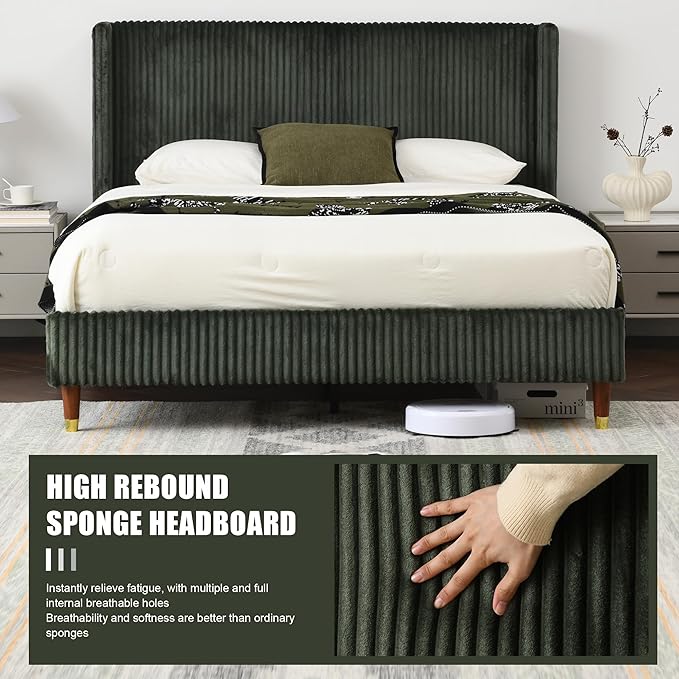 PINJU Full Size Bed Frame, Upholstered Platform Bed with Modern Vertical Striped Wingback Headboard with Wooden Slats, Easy to Assemble No Noise Free (Green, Full)