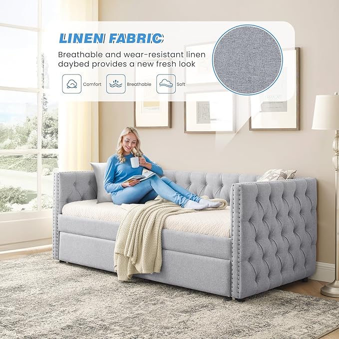 Antetek Daybed with Trundle, Upgraded Linen Upholstered Twin Size Day Bed Button-Tufted Sofa Daybed Frame with A Trundle,No Box Spring Needed,Furniture for Bedroom Living Room (Light Grey, Twin)