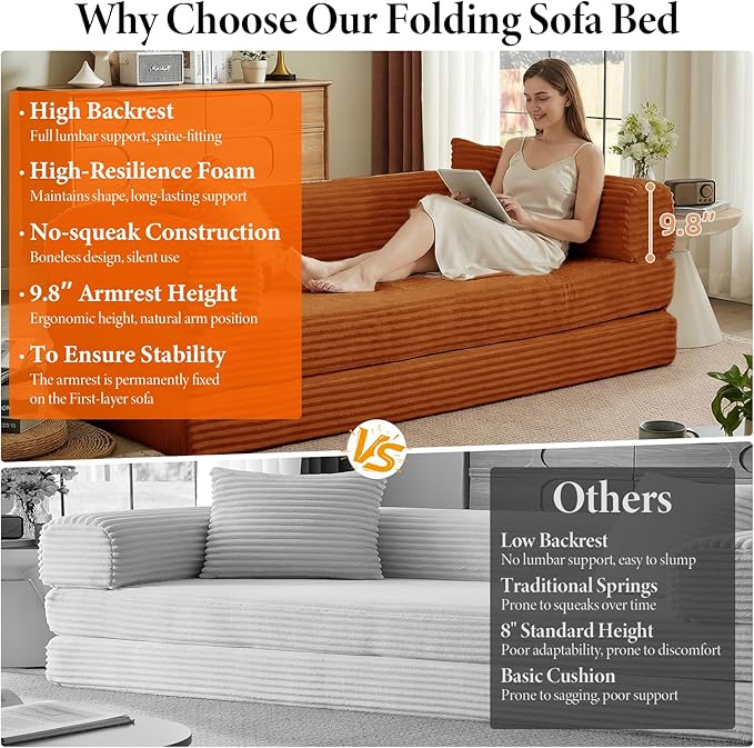 Convertible Futon Sofa Bed, Fold Out Floor Sofa Couch with Sleeper Sofa,Folding Boneless Couches with Deep Seat,Cloud Corduroy Foldable Mattress Couch for Living Room (Orange)
