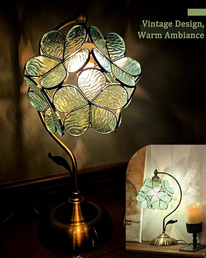 Tiffany Style Flower Table Lamp, Vintage Cherry Blossom Stained Glass Lamp with Brass Base for Bedroom Bedside Home Decor, Vintage Mint (Blue-Green)