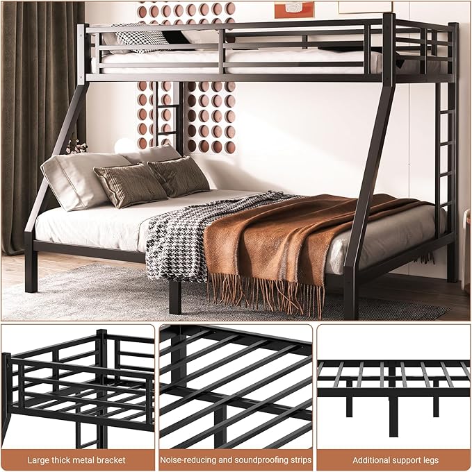 Twin XL Over Queen Bunk Bed Frame, Heavy Duty Metal Loft Bed for Adults/Teens, 350/600LB Capacity w/Ladder & Guardrail, Noise-Free Steel Slats, No Box Spring Required, Black