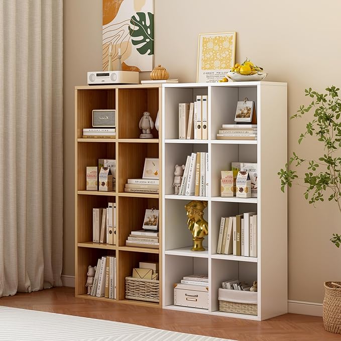 OSCHF 8-Cube Storage Shelf Bookcase - Wooden 4-Tier Floor Standing Open Bookshelf for Home and Office, Display Cabinet, Oak