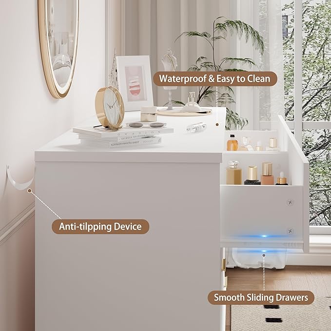Dresser for Bedroom, 8 Drawer Wide Modern Chest of Drawers with X-Shaped Sturdy Base, Wood Double Dresser Closet Clothes Storage Organizer, Wooden TV Stand for Living Room, Hallway, White
