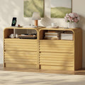 24" Wide Modern Fluted Nightstand with Charging Station Set of 2, Wood Bedside Table with Drawers, Mid Century End Table Nigthstand with Curved Profile Design for Bedroom, Living Room, Natural Oak