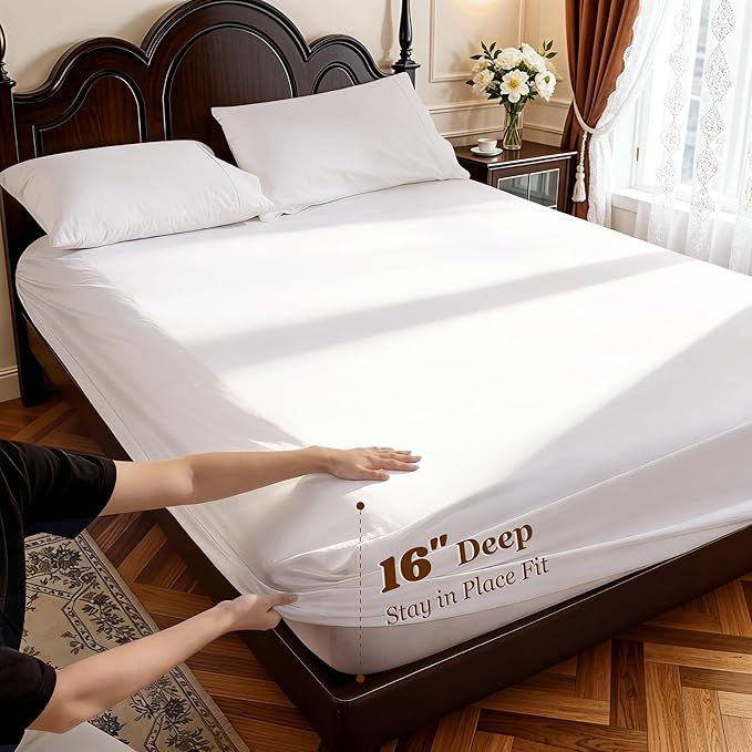 LBRO2M 100% Egyptian Cotton Sheets Set 1000 Thread Count,Queen Size Bed Sheet 4 Piece Sets,Long Staple,16 Inches Deep Pocket,All Season,Bedding Super Soft Breathable,Sateen Weave(White)