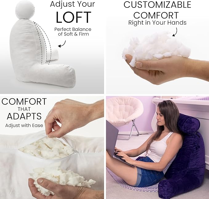 Husband Pillow XXL – Reading Pillow Bed Chair with Arms & Back Support – Purple - Back Pillow for Beds Sitting Up – Bed Rest Arm Pillow – Comfy Reading Pillow for Adults